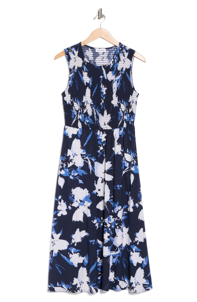 Calvin Klein Floral Smocked Bodice Midi Dress, Alternate, color, Indigo Multi