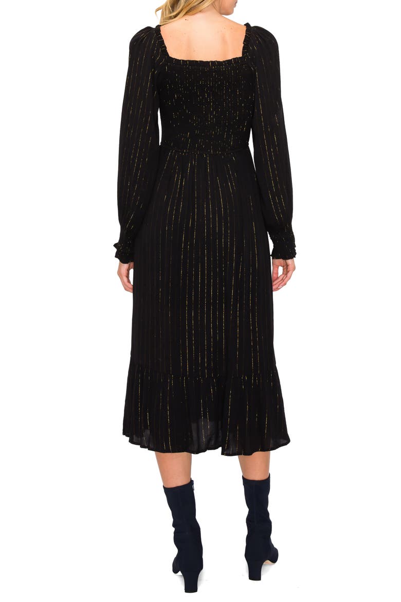 Metallic Stripe Smocked Long Sleeve Midi Dress, Alternate, color, BLACK/ GOLD
