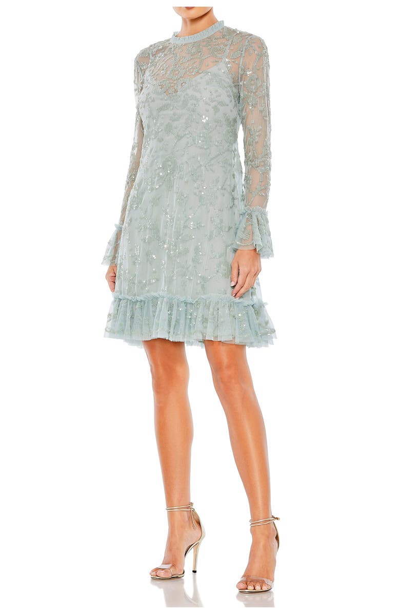 Mac Duggal Sequin Long Sleeve Mini Dress, Main, color, Seafoam