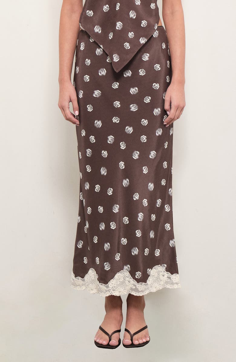 MAUDE CLUB Alexi Floral Print Satin Skirt, Main, color, Brown Rose Print