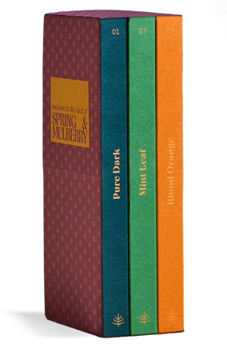 Spring & Mulberry Quintessentials Collection Date Sweetened Dark Chocolate Bars 3-Piece Gift Box, Main, color, Purple