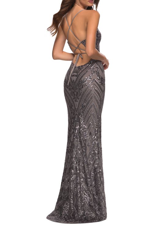 La Femme Print Sequin Gown In Gunmetal