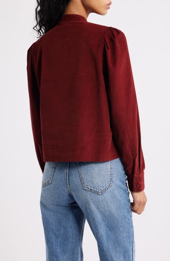 Puff Sleeve Corduroy Button-Up Shirt