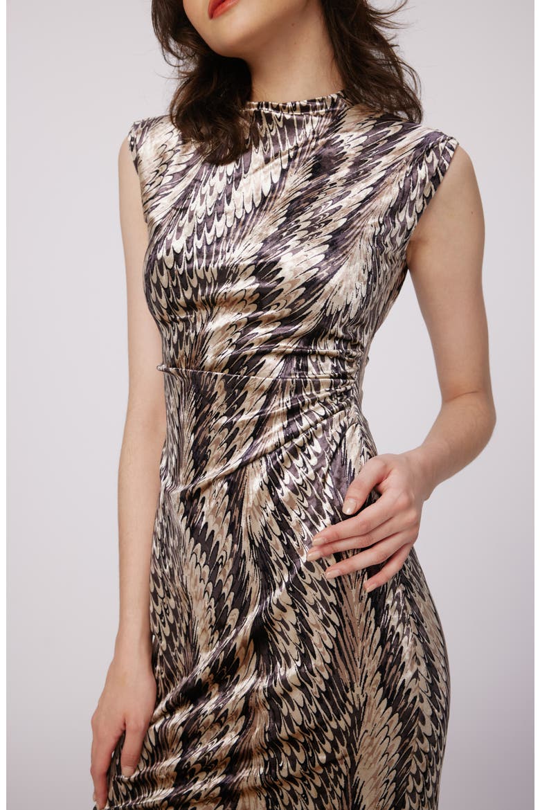 Darrius Printed Ruched Sleeveless Sheath Dress, Alternate, color, FEATHER BOA SM