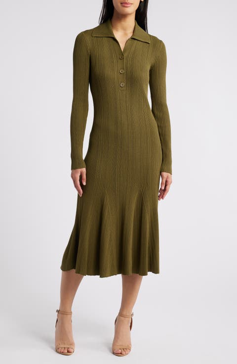 Variegated Rib Long Sleeve Midi Sweater Dress