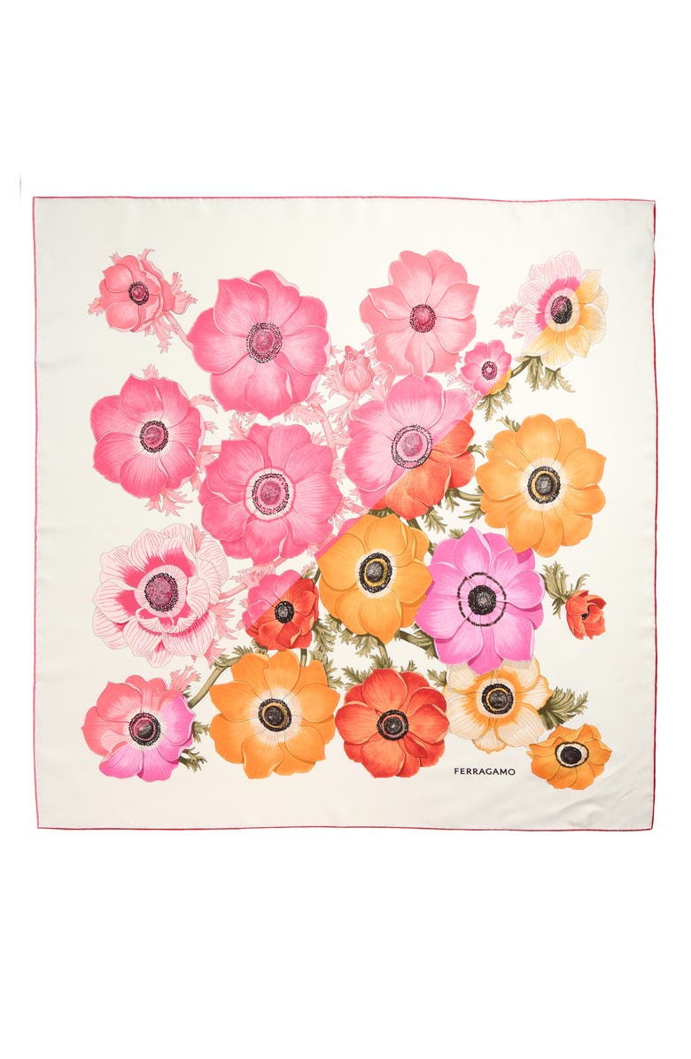 FERRAGAMO Anemone Floral Silk Square Scarf, Main, color, Ivory/Rose/Orange