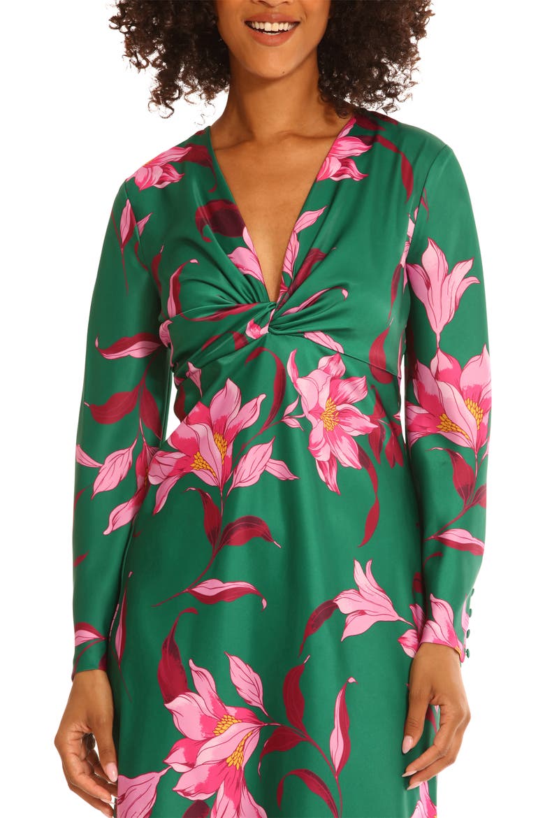 Floral Twisted Empire Waist Midi Dress, Alternate, color, EMERALD GREEN/ PINK BLOSSOM