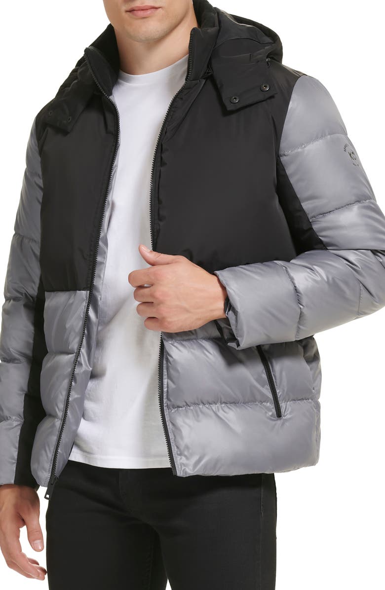 Kenneth Cole New York Colorblock Hooded Water Resistant Puffer Jacket, Alternate, color, Gumetal