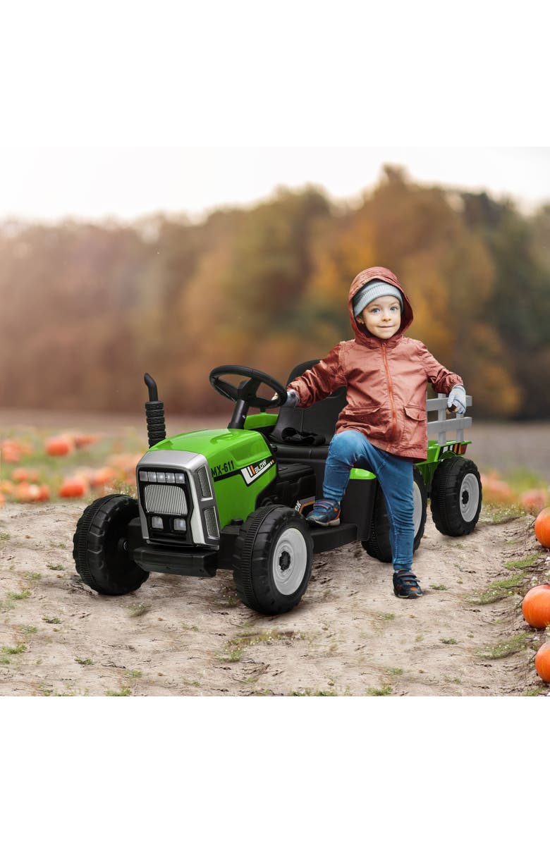 Aosom 12V Kids Ride on Tractor with Trailer, 25W Dual Motors, Remote Control, Music, Startup Sound, Horn, Lights, Alternate, color, Green