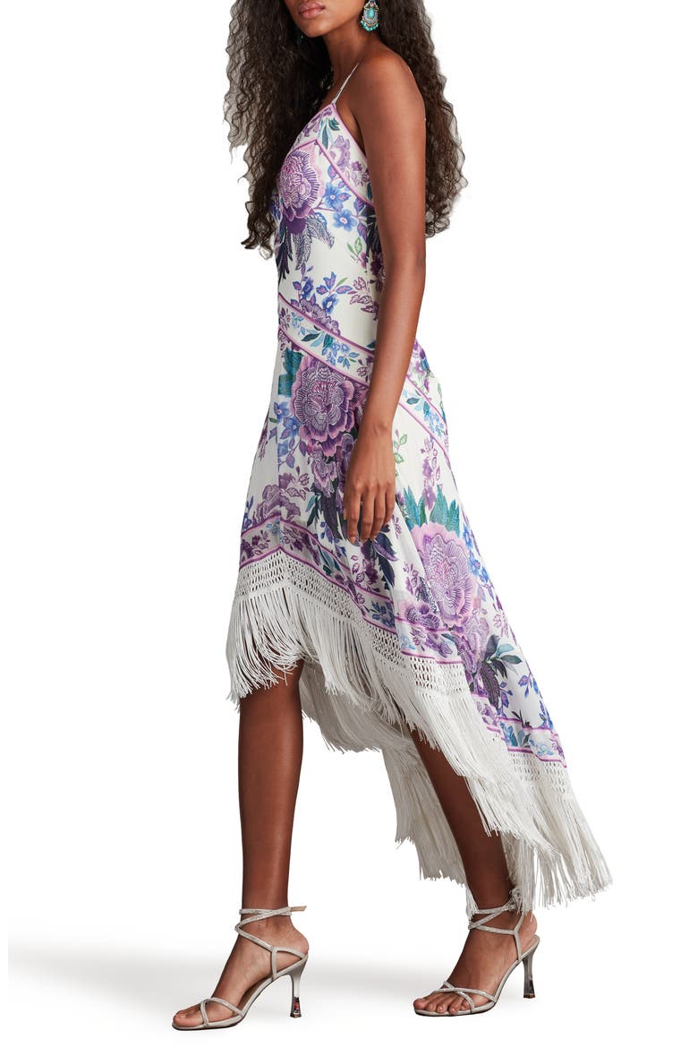 Scarf Print Fringe Detail High-Low Cocktail Dress, Alternate, color, WHITE/ PURPLE FLORAL