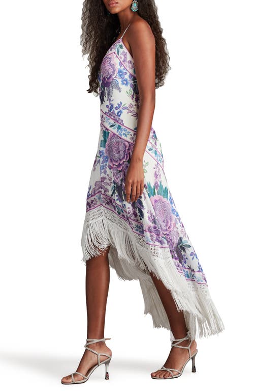 Tadashi Shoji Lua Floral Print Tassel Fringe Slip Dress In White/purple Floral
