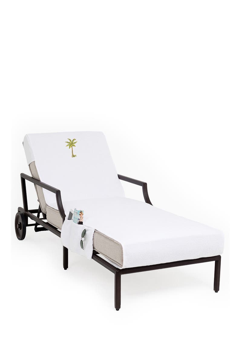 100% Turkish Cotton Palm Tree Embroidered Standard Size Chaise Lounge Cover With Side Pockets - White, Alternate, color, WHITE
