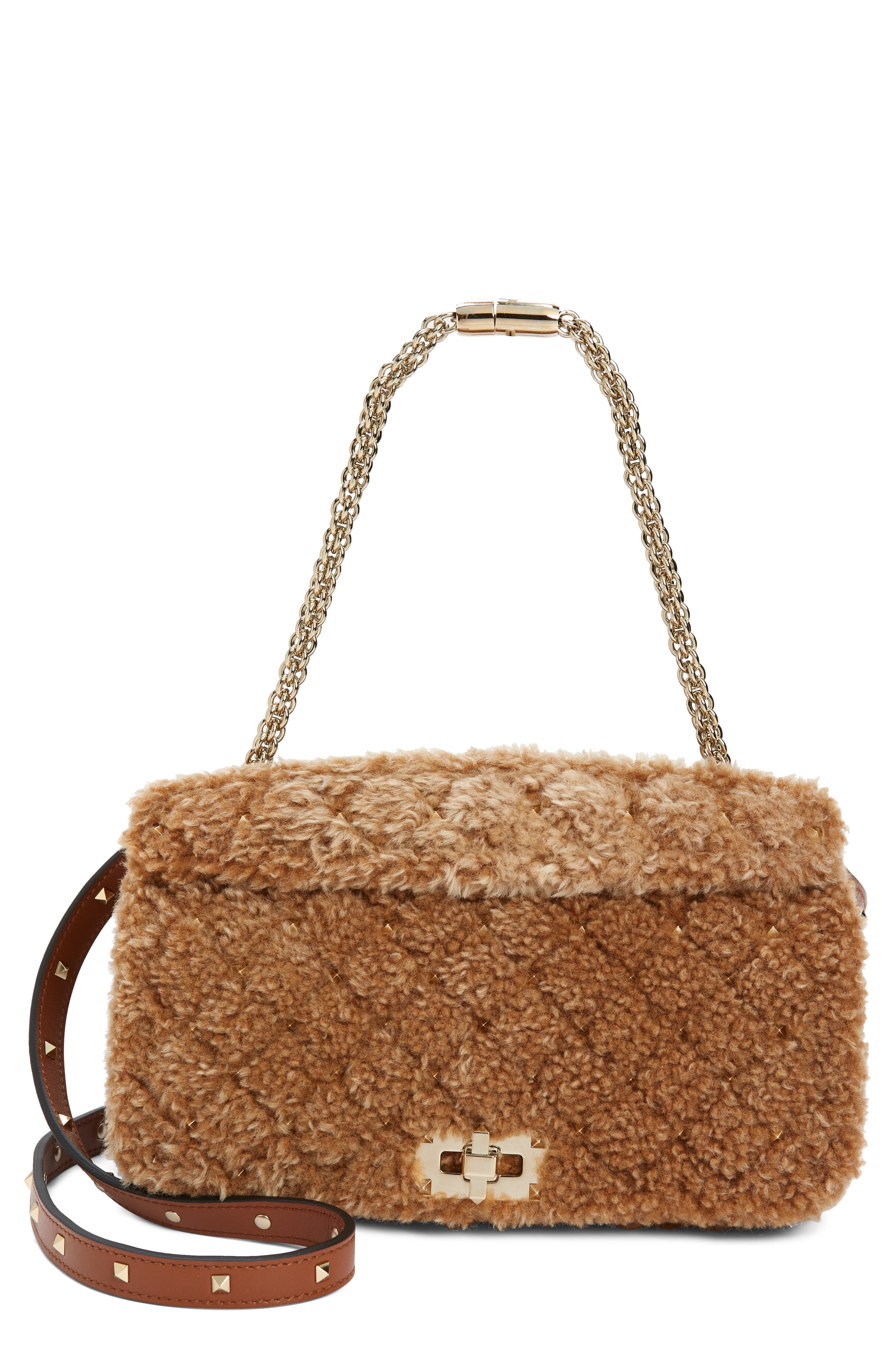 Valentino Garavani Rockstud Spike Genuine Shearling Shoulder Bag, Main, color, 