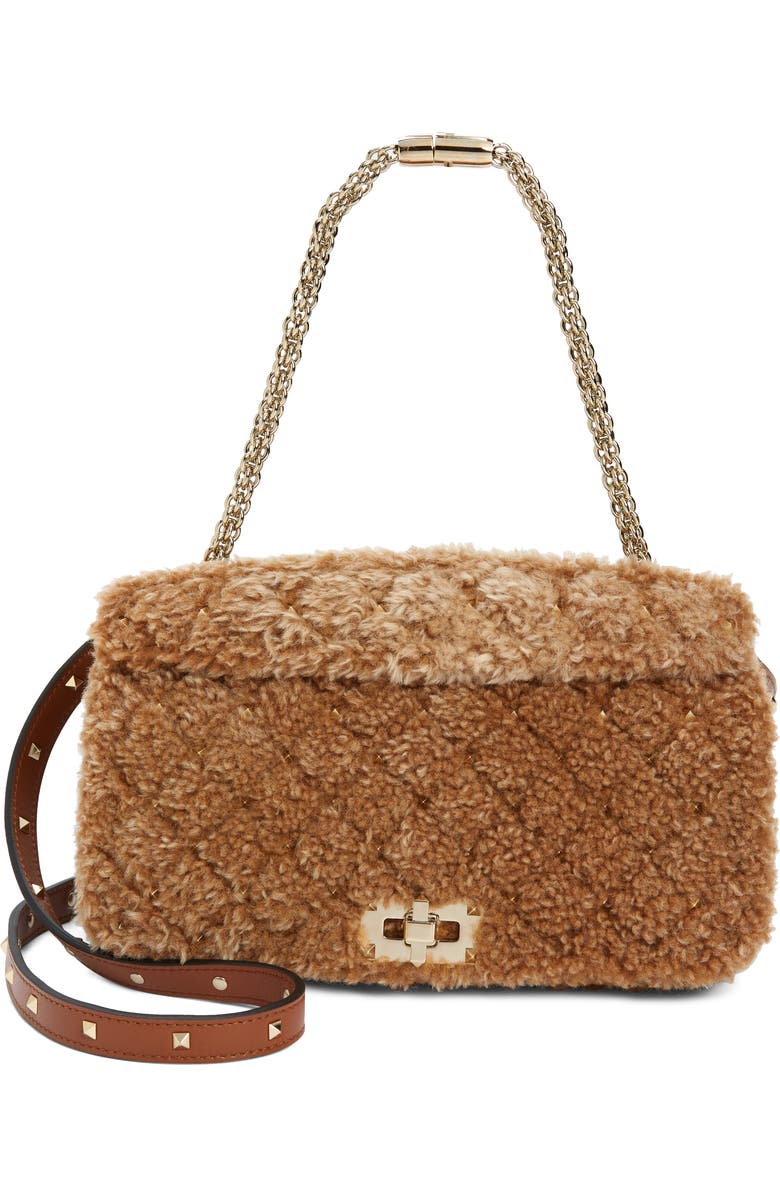 Valentino Garavani Rockstud Spike Genuine Shearling Shoulder Bag, Main, color,