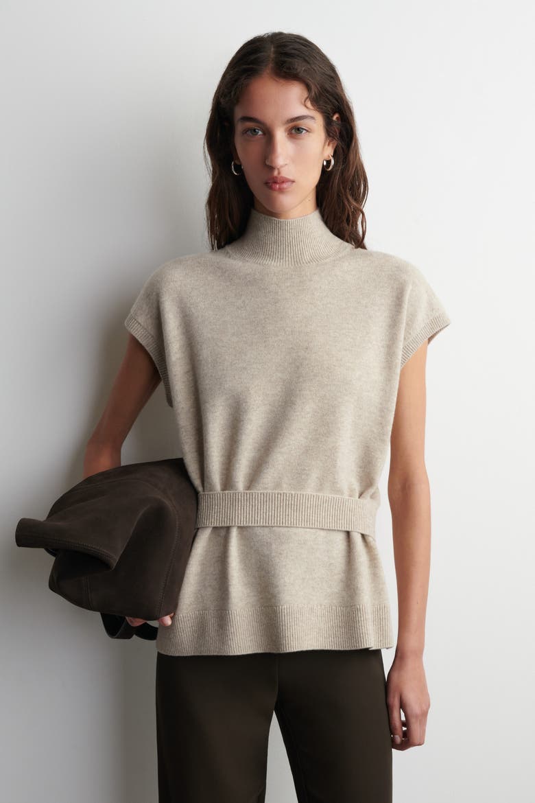 Belt-Detail Mock-Neck Wool Vest, Main, color, BEIGE MÉLANGE