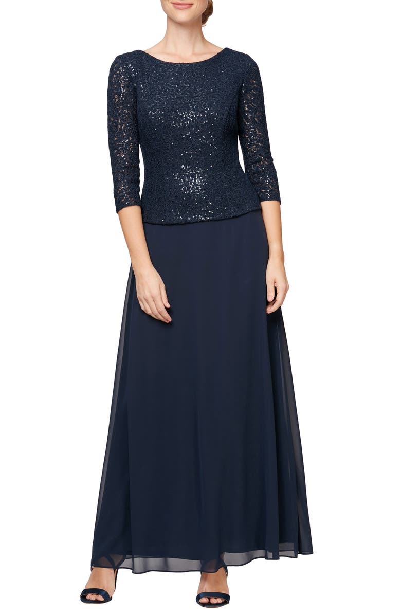 Alex Evenings Sequin Lace & Chiffon Mock Two-Piece Gown, Main, color, 