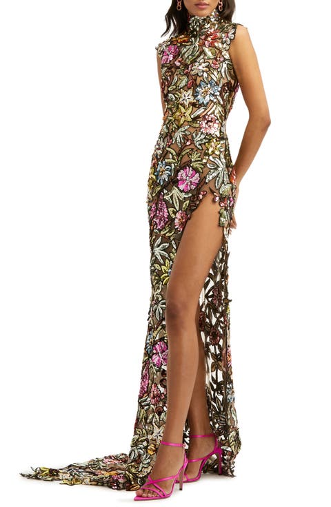 Semisheer Sequin Mock Neck Gown