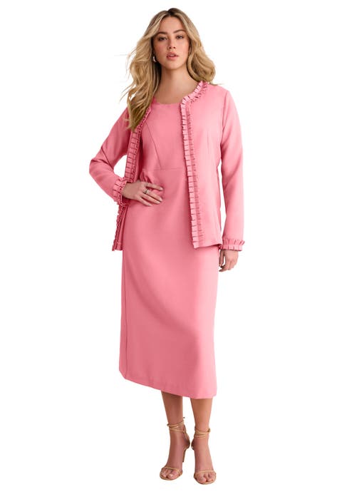 Plus Size Long Sleeve Pleated Jacket Dress Set Elegant 2 Piece Sheath Suit