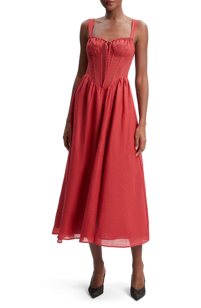 Bardot Esra Corset Midi Dress, Main, color, Fire Red