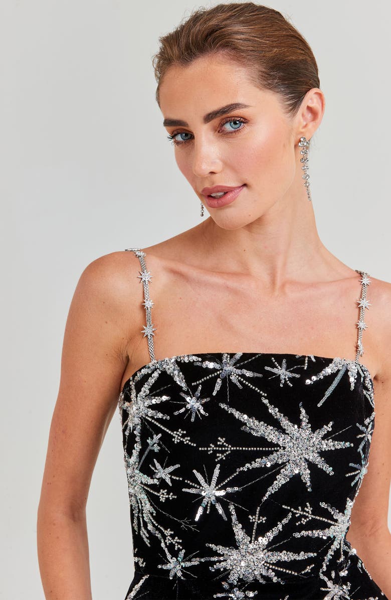 NADINE MERABI Stella Rhinestone Star Print Cocktail Minidress, Alternate, color, Black