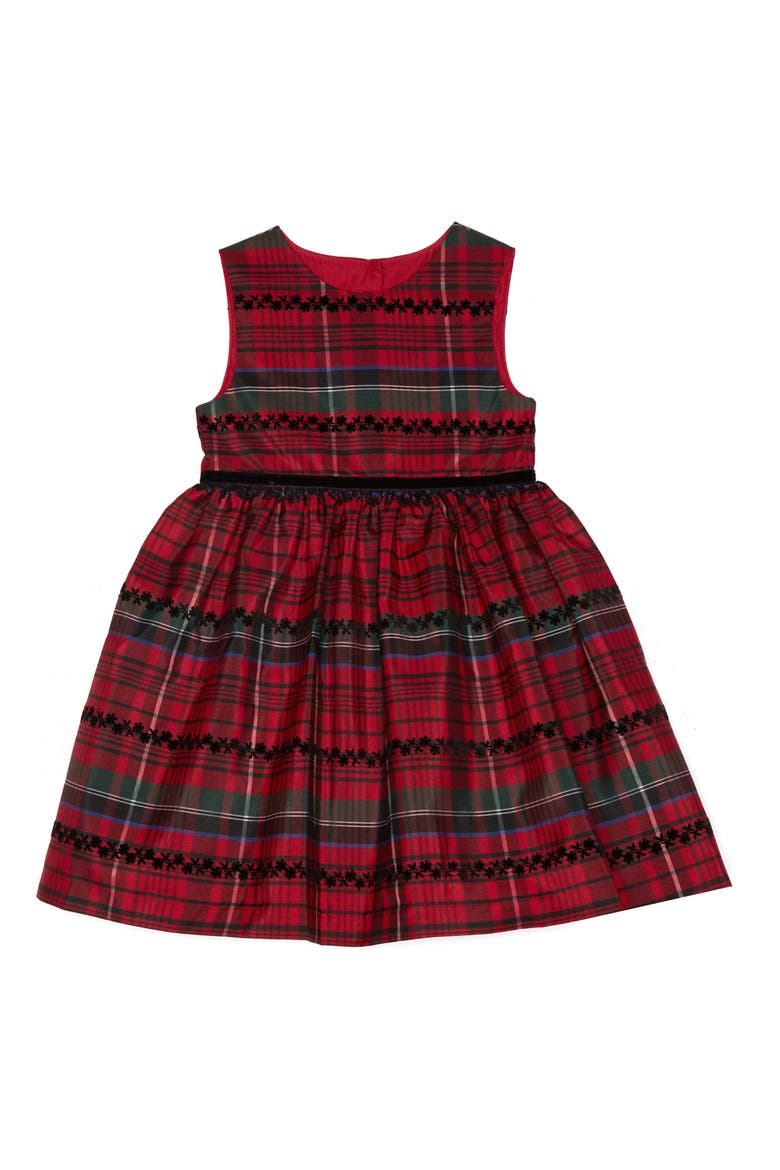 Kids' Velvet Cardigan & Plaid Dress Set, Alternate, color, RED/ BLACK