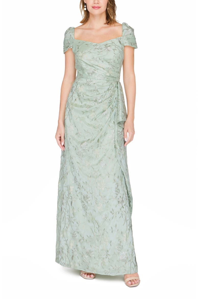 Blossom Cascade Embroidered Pleated Gown, Main, color, SEA FOAM