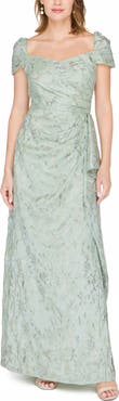 JS Collections Blossom Cascade Embroidered Pleated Gown