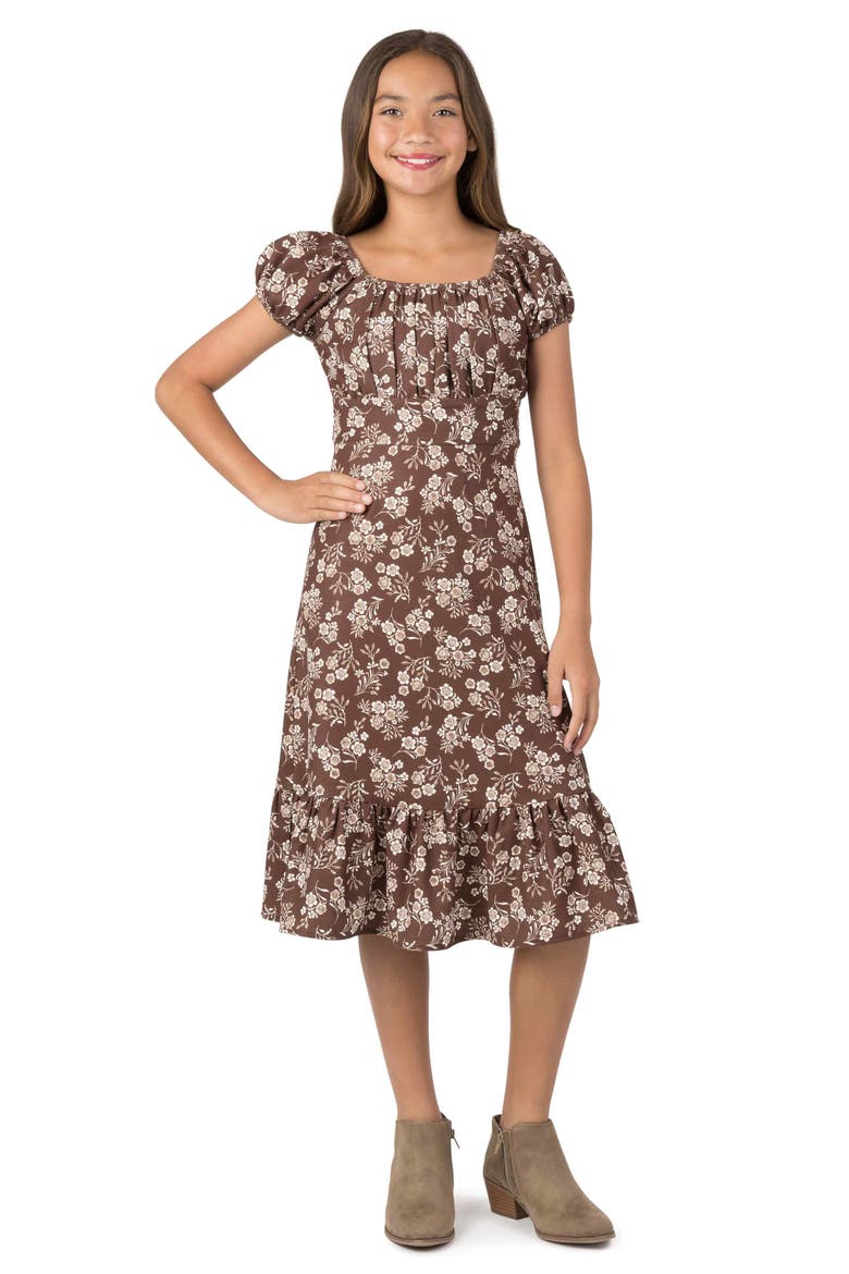 Kids' Floral Puff Sleeve Midi Dress, Alternate, color, BROWN/ IVORY JM