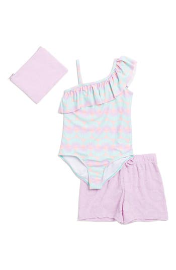 Shop Bmagical Kids' One-piece Swimsuit, Terry Cover-up Shorts & Bag Set In Lilac