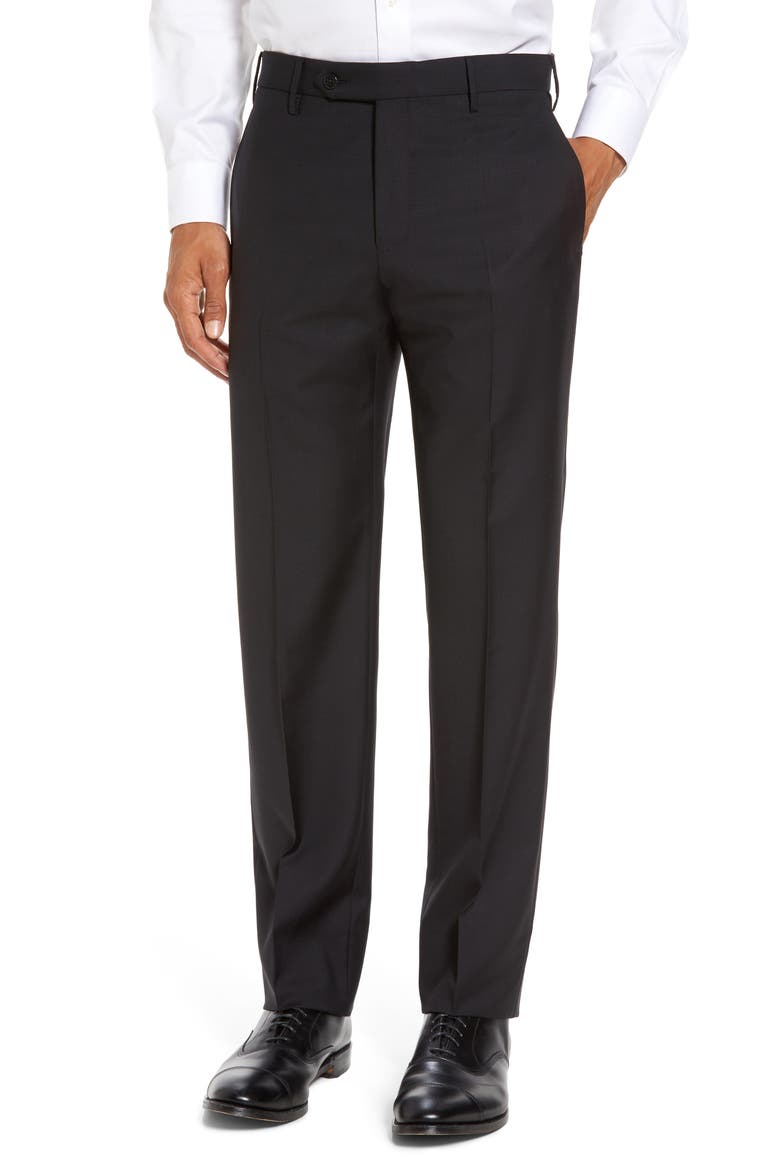 Parker Flat Front Sharkskin Wool Trousers, Main, color, BLACK