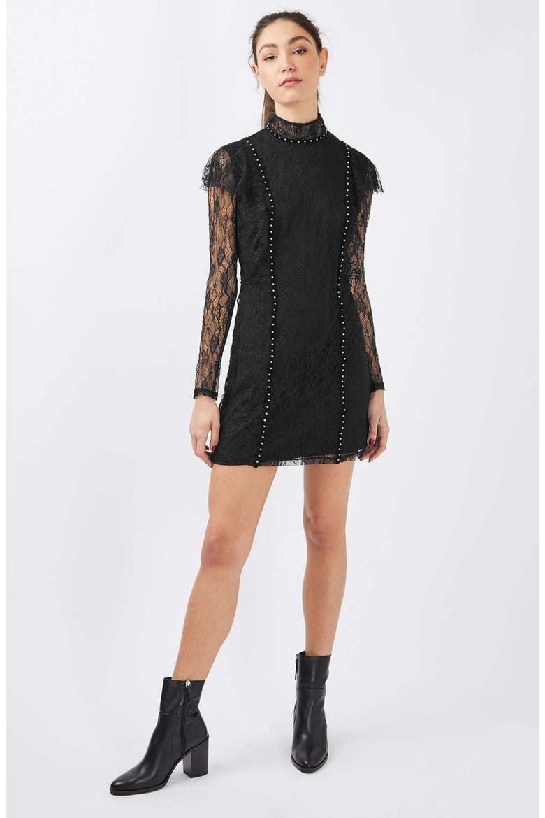 Stud Ruffle Lace Dress, Alternate, color, BLACK