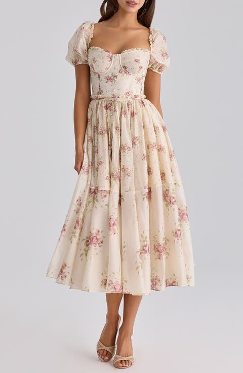 Penelope Floral Puff Sleeve Corset Chiffon Midi Dress