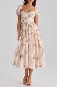 HOUSE OF CB Penelope Floral Puff Sleeve Corset Chiffon Midi Dress