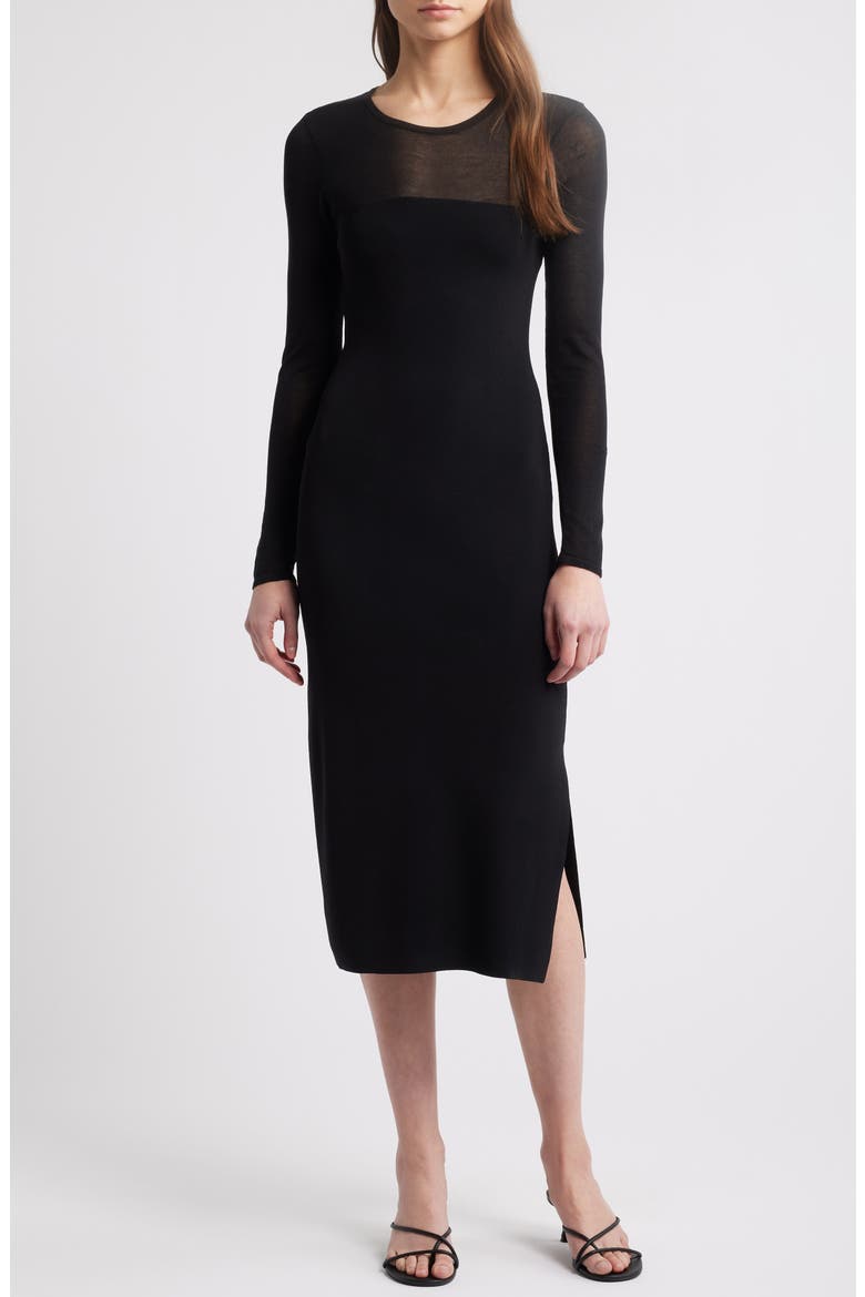 Luz Sheer Yoke & Long Sleeve Midi Dress, Main, color, BLACK