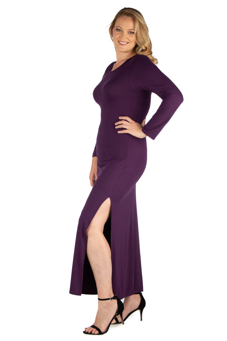 Plus Size Long Sleeve Side Slit Fitted Black  Maxi Dress, Alternate, color, Purple