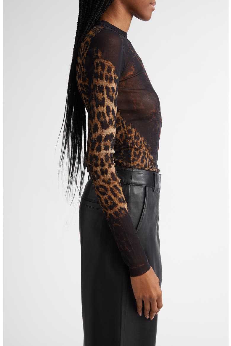 Leopard Print Long Sleeve Mesh Top, Alternate, color, BEIGE/ BROWN/ DARK BROWN