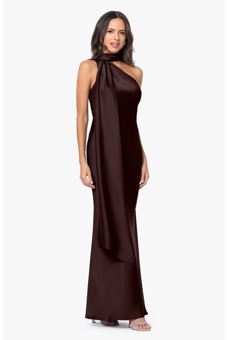 Asymmetric Tie Neck Satin Dress, Alternate, color, BROWN