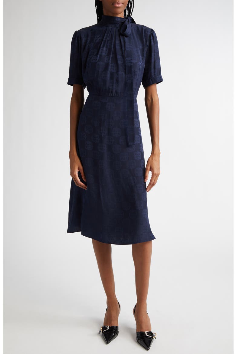 4G Baroque Logo Jacquard Lavallière Midi Dress, Main, color, NAVY