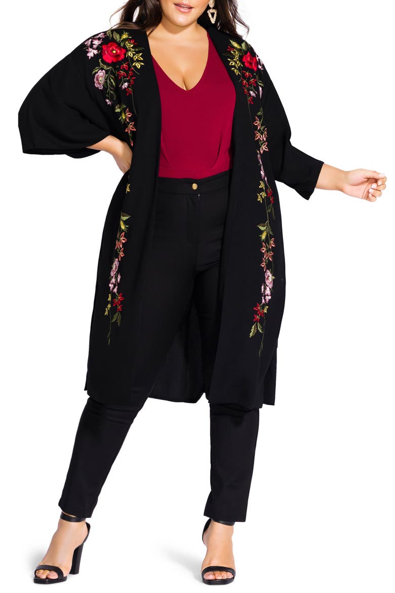 Winter Zen Floral Embroidery Open Long Jacket, Main, color, BLACK