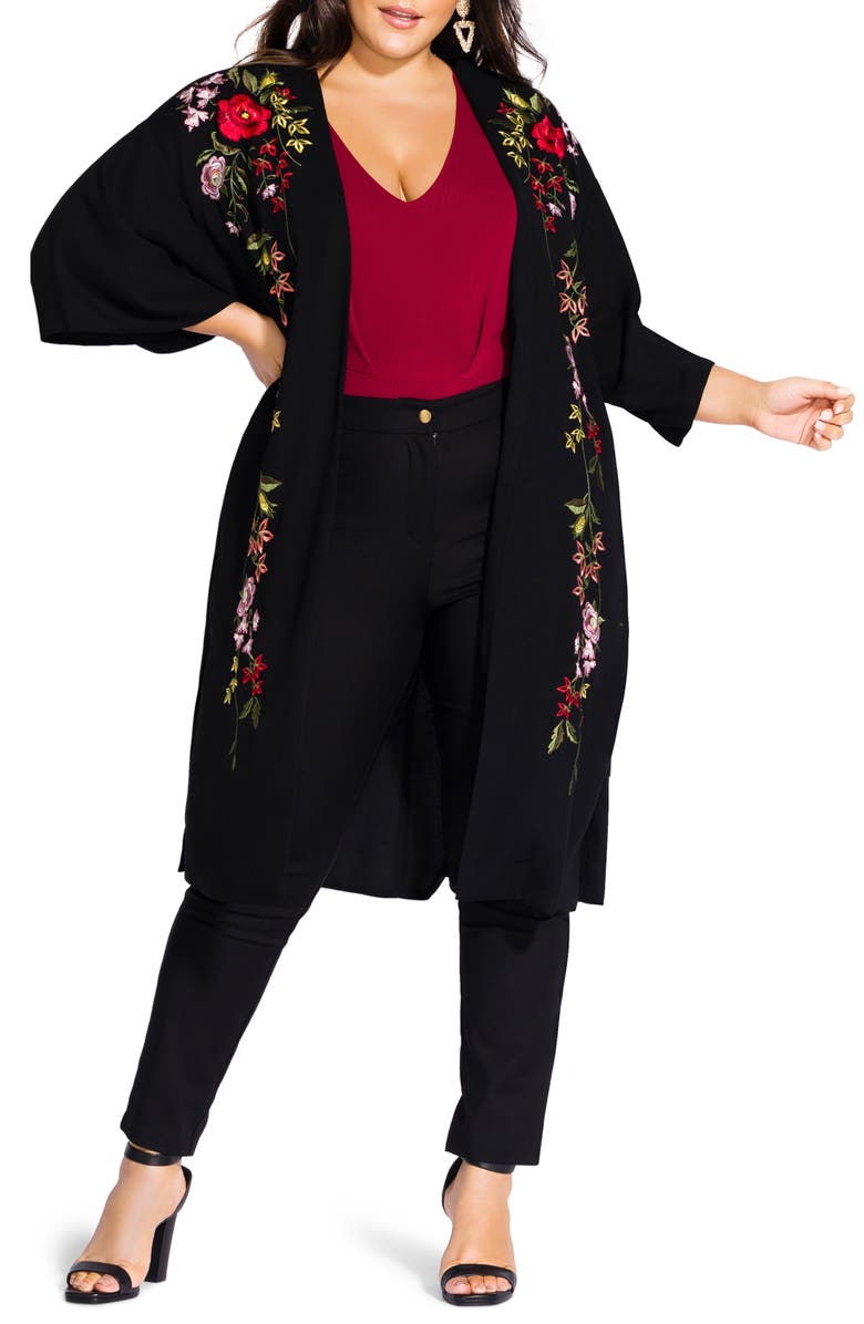 City Chic Winter Zen Floral Embroidery Open Long Jacket, Main, color, 