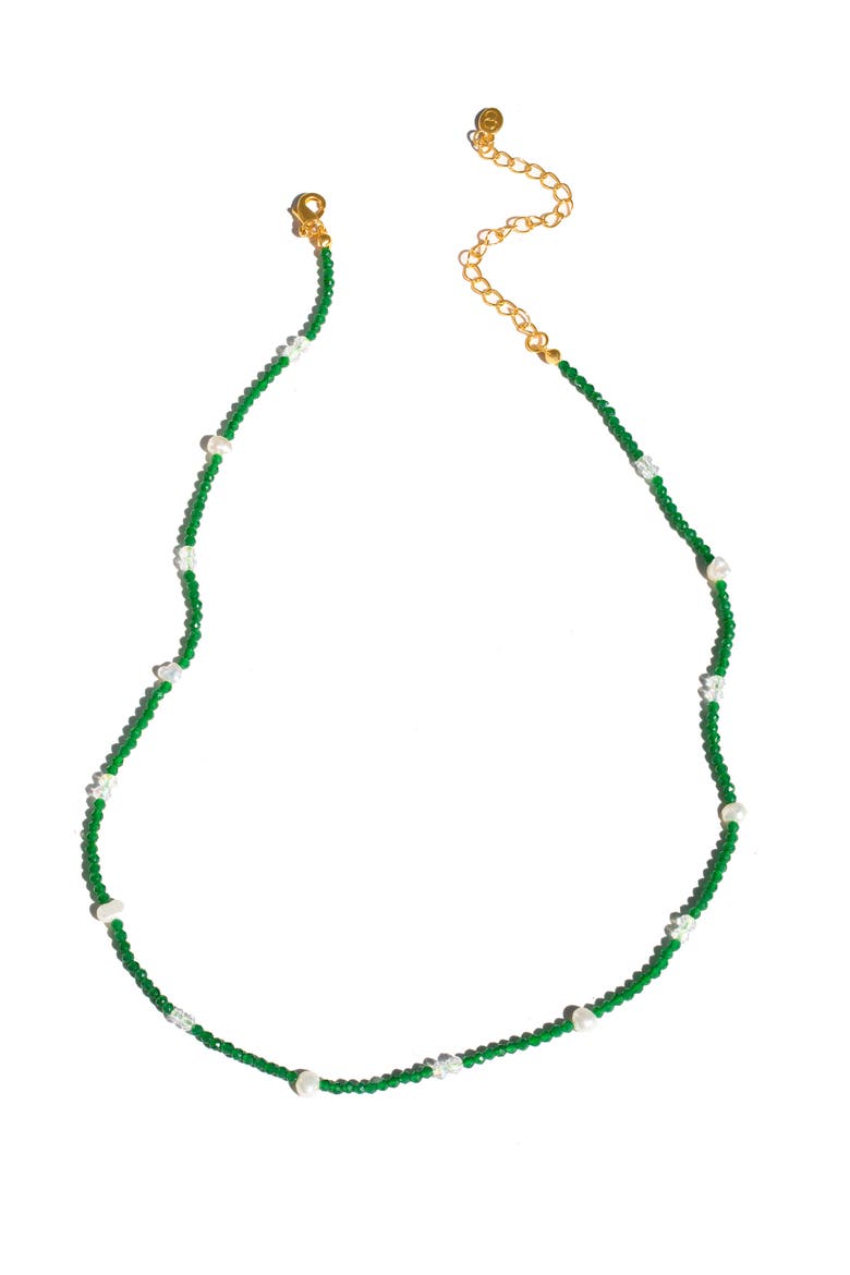 Imitation Pearl and Green Bead Chain Necklace, Alternate, color, GOLD