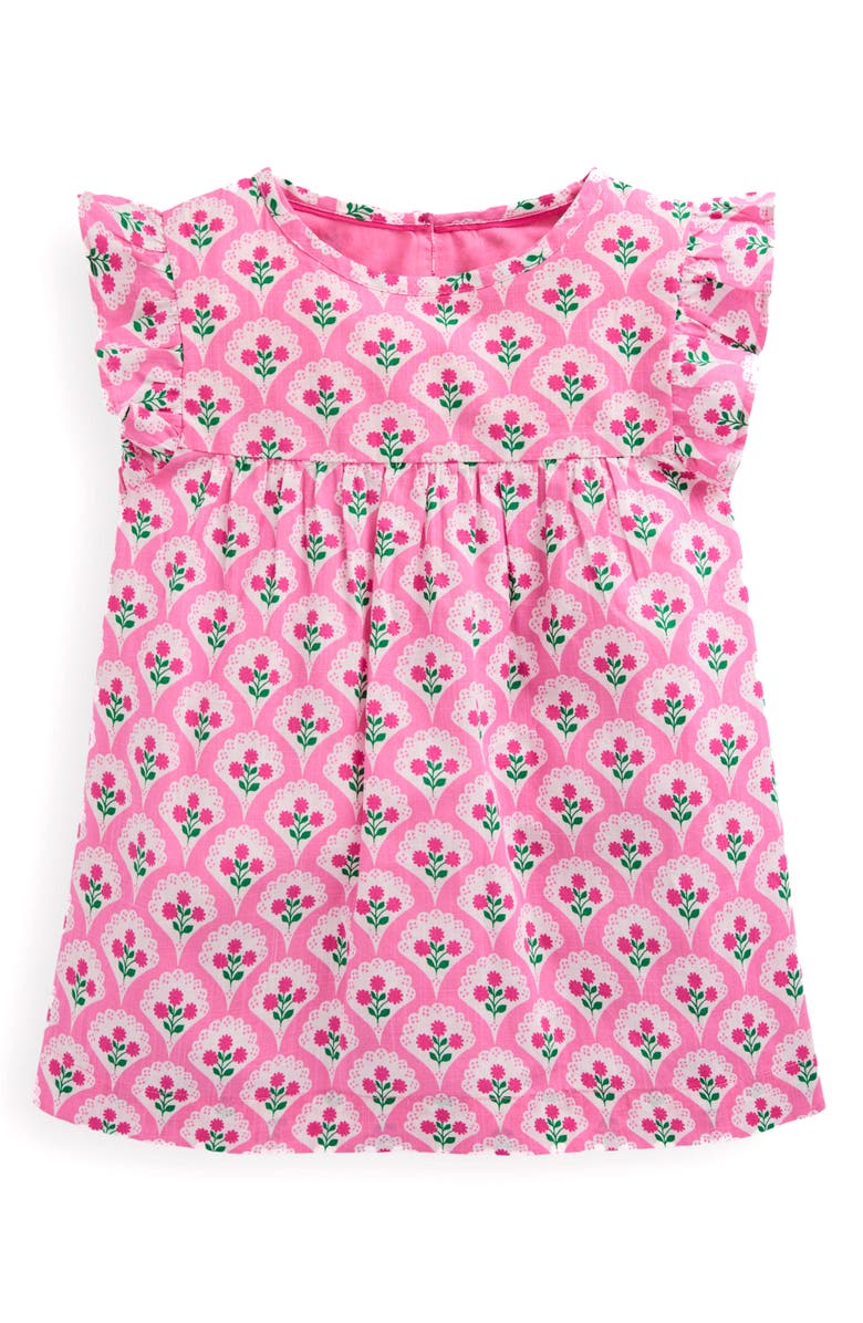 Mini Boden Kids' Juniper Floral Frill Sleeve Top, Main, color, Pink Rose Woodblock Floral