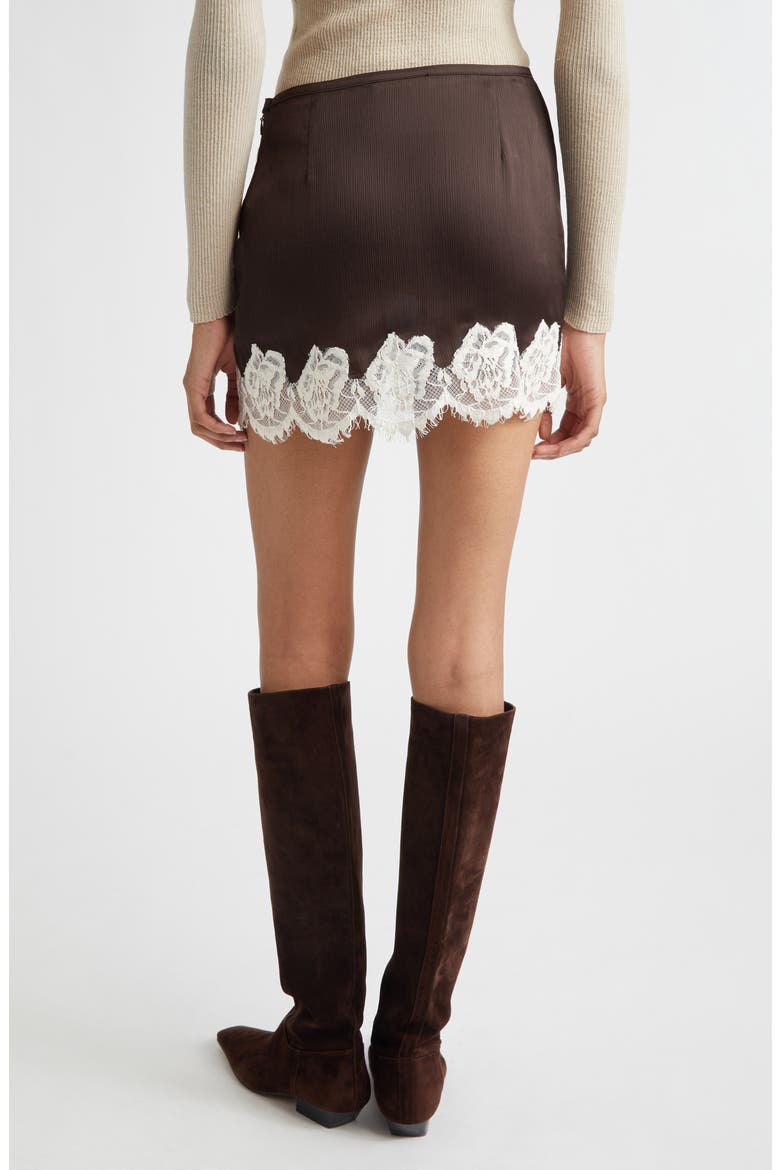 Niera Lace Trim Satin Miniskirt, Alternate, color, DARK BROWN/ WHITE