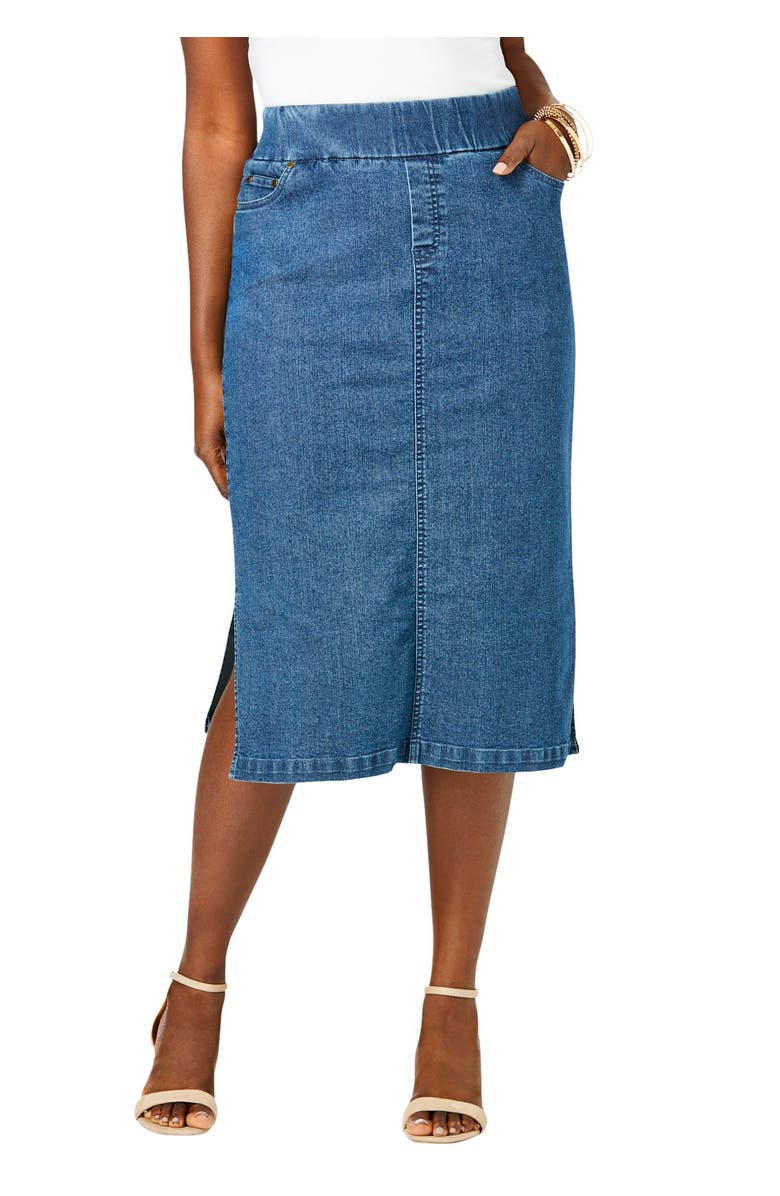 Jessica London Comfort Waist Stretch Denim Midi Skirt, Main, color, Medium Stonewash
