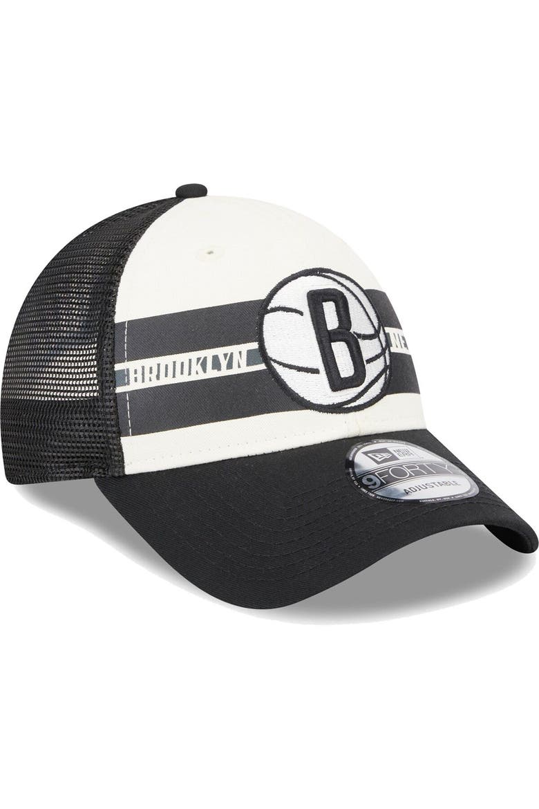 Men's New Era Brooklyn Nets Black Stripes 9FORTY Trucker Snapback Hat, Alternate, color, Black