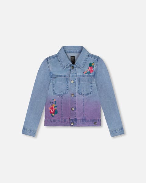 Deux Par Deux Jean Denim Jacket With Embroidery - Floral Light Blue Denim