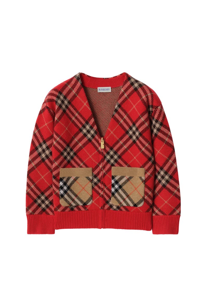 Check Wool Cardigan, Main, color, Crayon red