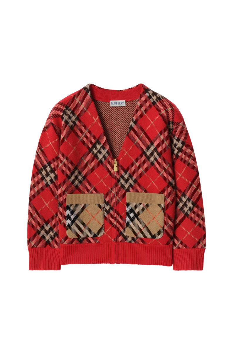 Burberry Check Wool Cardigan, Main, color, Crayon Red