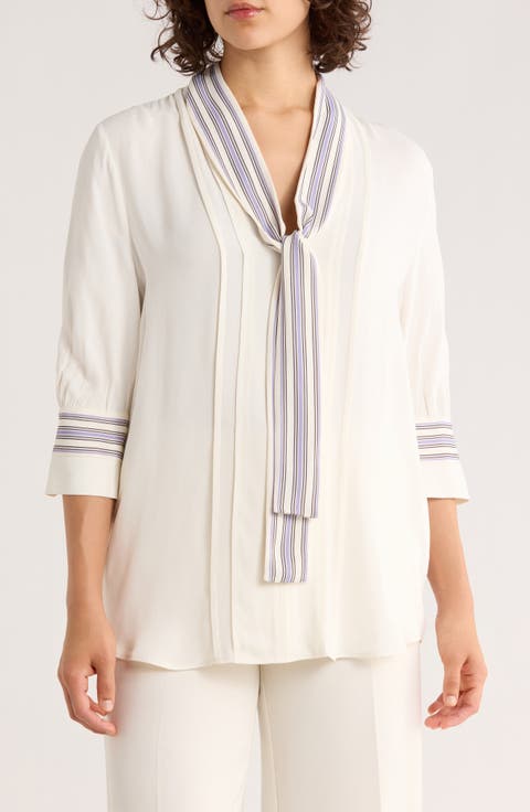 Be Stripe Tie Neck Short Sleeve Top