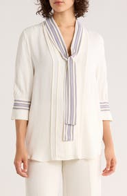 BOSS Be Stripe Tie Neck Short Sleeve Top